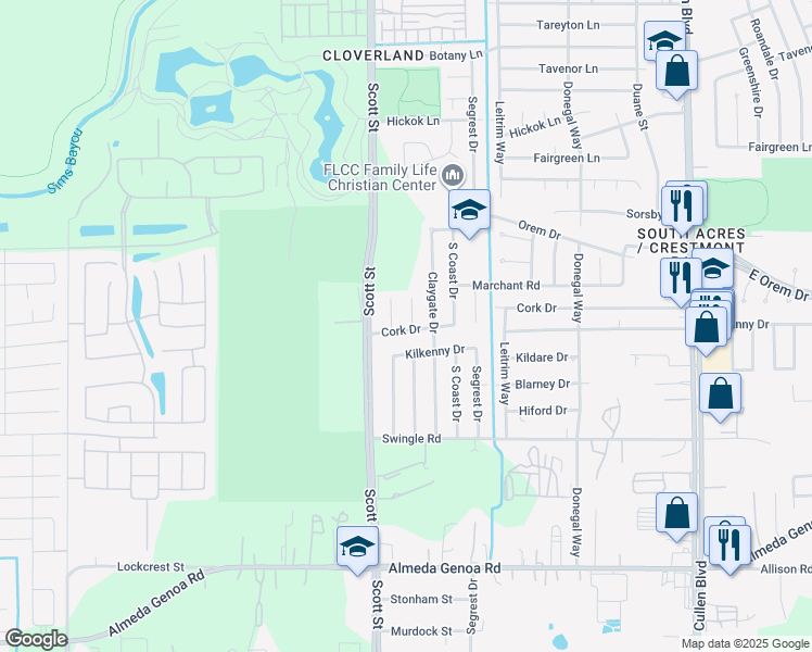 map of restaurants, bars, coffee shops, grocery stores, and more near 12714 Southspring Drive in Houston
