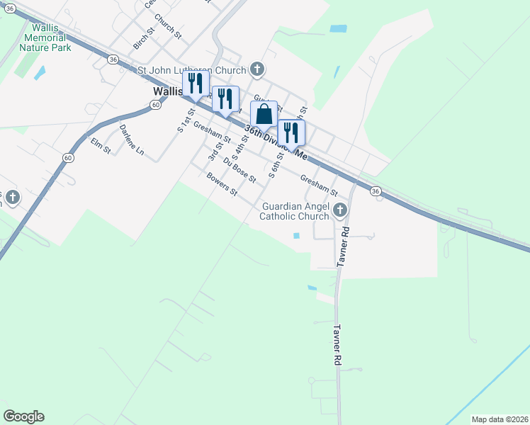 map of restaurants, bars, coffee shops, grocery stores, and more near 415 South 6th Street in Wallis