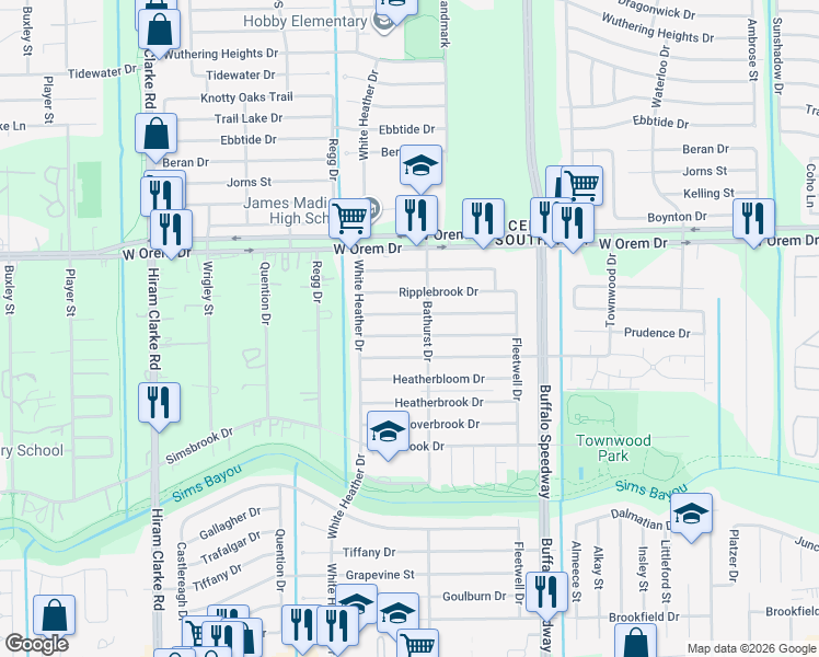 map of restaurants, bars, coffee shops, grocery stores, and more near 3914 Prudence Drive in Houston