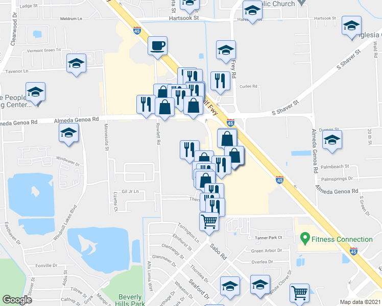 map of restaurants, bars, coffee shops, grocery stores, and more near 9950 Kleckley Drive in Houston