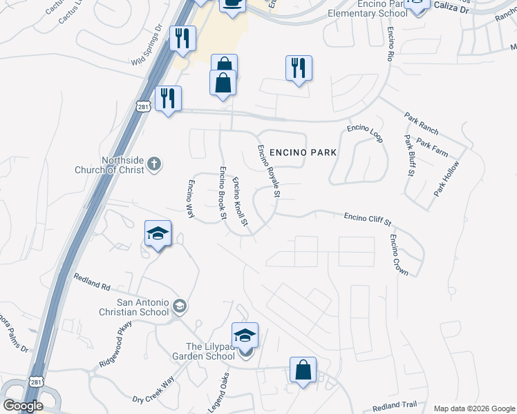 map of restaurants, bars, coffee shops, grocery stores, and more near 19714 Encino Glen Street in San Antonio