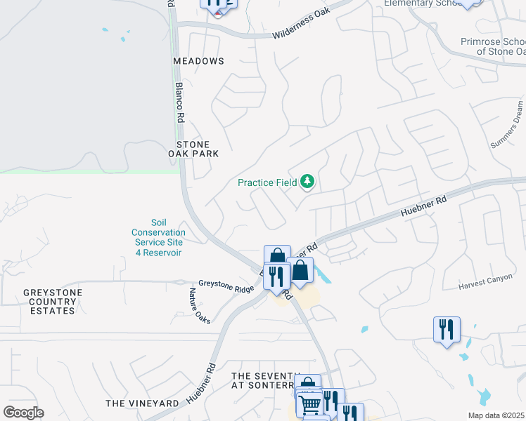 map of restaurants, bars, coffee shops, grocery stores, and more near 1331 Stetson Green in San Antonio