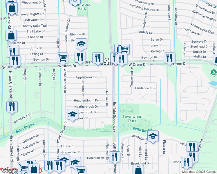 map of restaurants, bars, coffee shops, grocery stores, and more near 13935 Fleetwell Drive in Houston