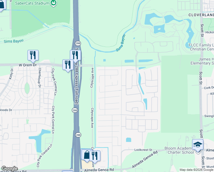 map of restaurants, bars, coffee shops, grocery stores, and more near 2622 Skyview Moon Drive in Houston