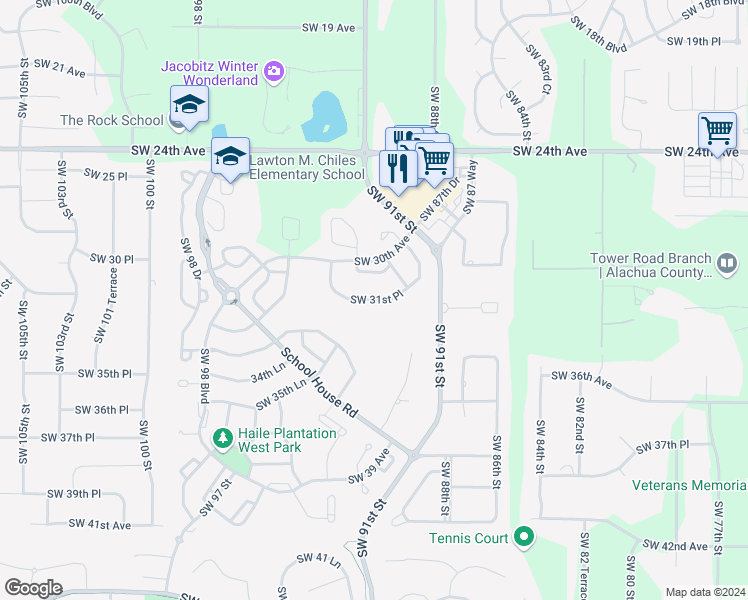 map of restaurants, bars, coffee shops, grocery stores, and more near Southwest 31 Place in Alachua County