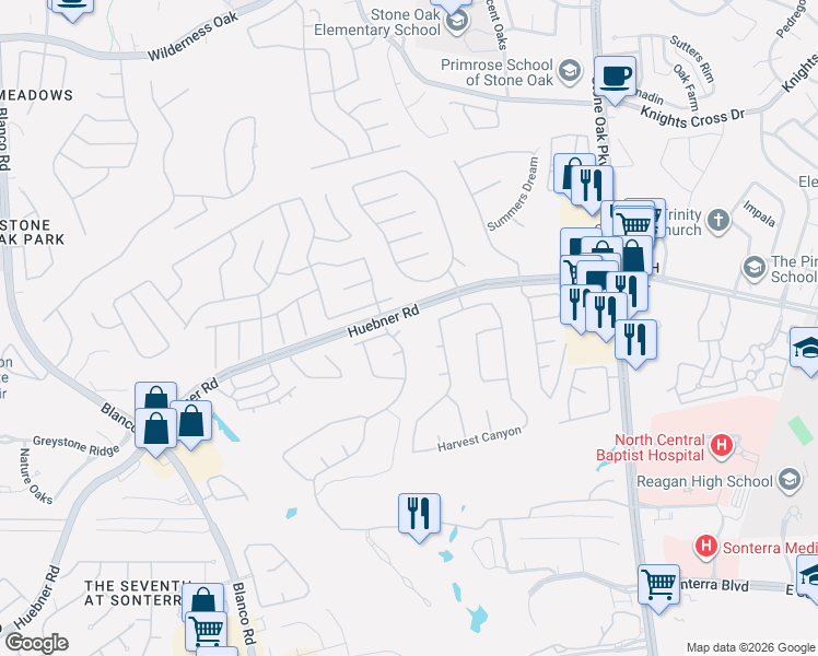 map of restaurants, bars, coffee shops, grocery stores, and more near 1207 Hymeadow in San Antonio