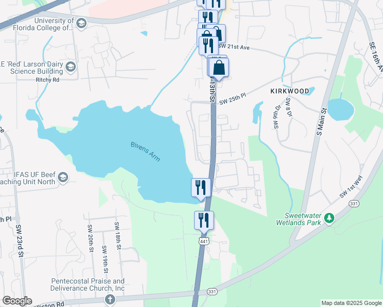 map of restaurants, bars, coffee shops, grocery stores, and more near 2800 Southwest 14th Drive in Gainesville