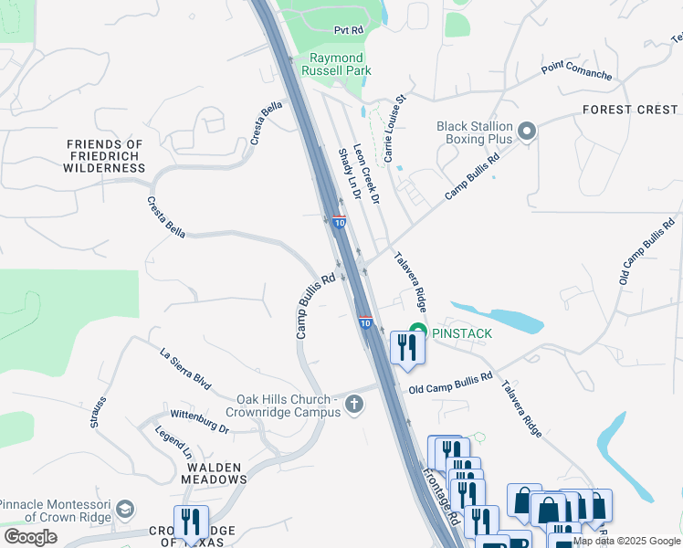 map of restaurants, bars, coffee shops, grocery stores, and more near Interstate 10 Frontage Rd & Camp Bullis Rd in San Antonio