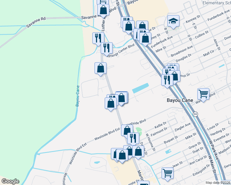 map of restaurants, bars, coffee shops, grocery stores, and more near 142 Citiplace Drive in Houma