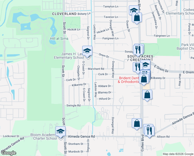map of restaurants, bars, coffee shops, grocery stores, and more near 3703 Kilkenny Drive in Houston