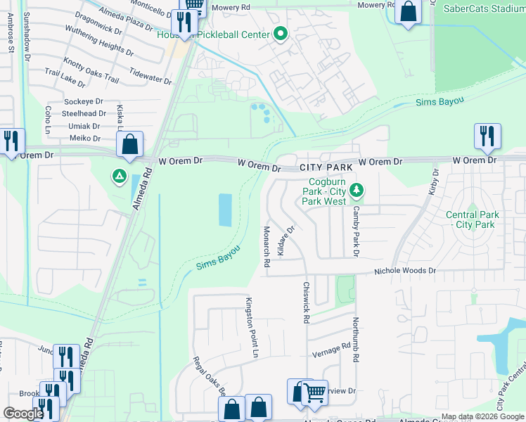 map of restaurants, bars, coffee shops, grocery stores, and more near 12574 Chiswick Road in Houston