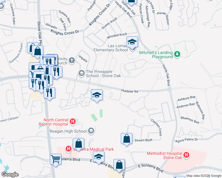 map of restaurants, bars, coffee shops, grocery stores, and more near 20710 Huebner Road in San Antonio