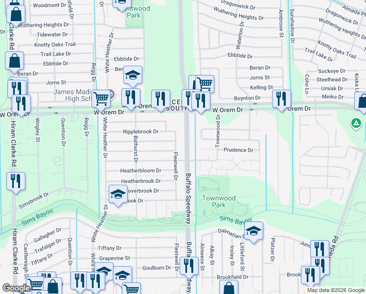 map of restaurants, bars, coffee shops, grocery stores, and more near 13935 Fleetwell Drive in Houston