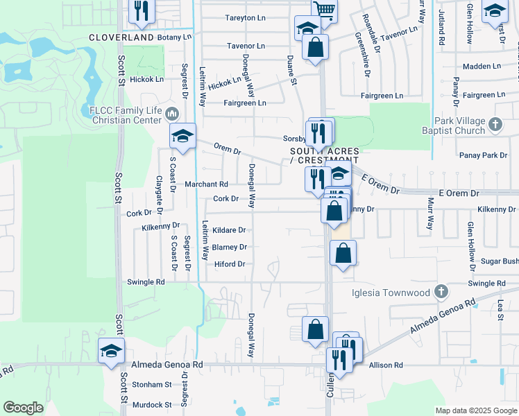 map of restaurants, bars, coffee shops, grocery stores, and more near 3902 Kilkenny Drive in Houston