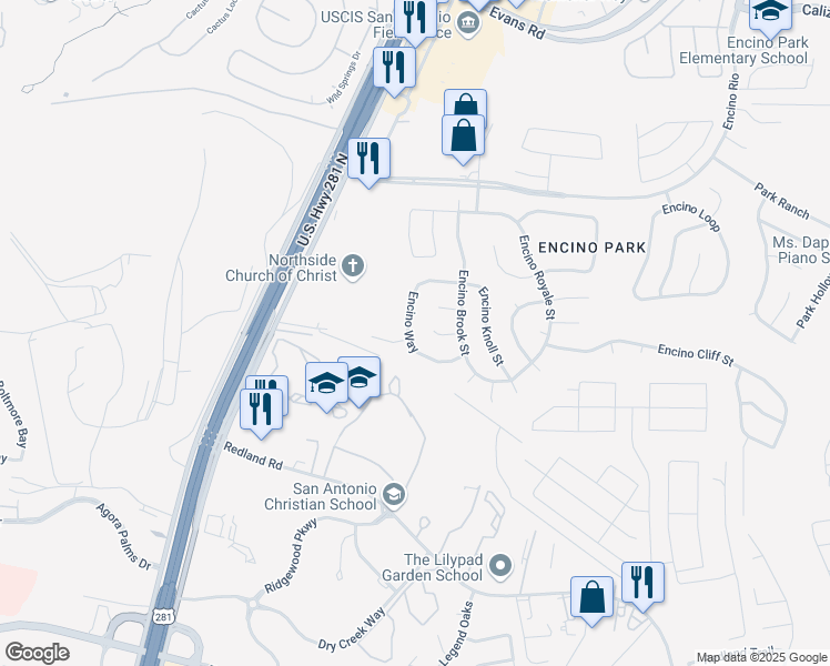 map of restaurants, bars, coffee shops, grocery stores, and more near 19702 Encino Way in San Antonio