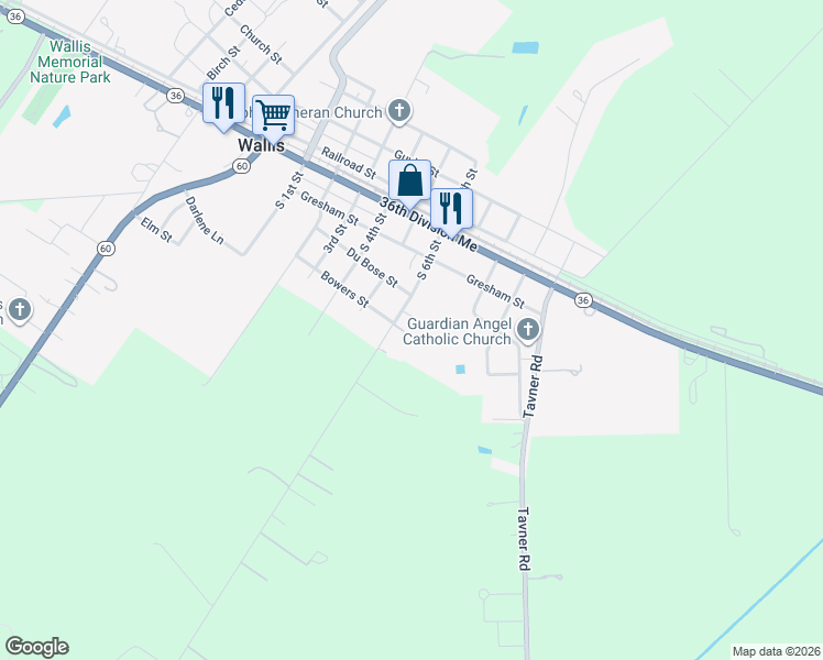 map of restaurants, bars, coffee shops, grocery stores, and more near 415 South 6th Street in Wallis