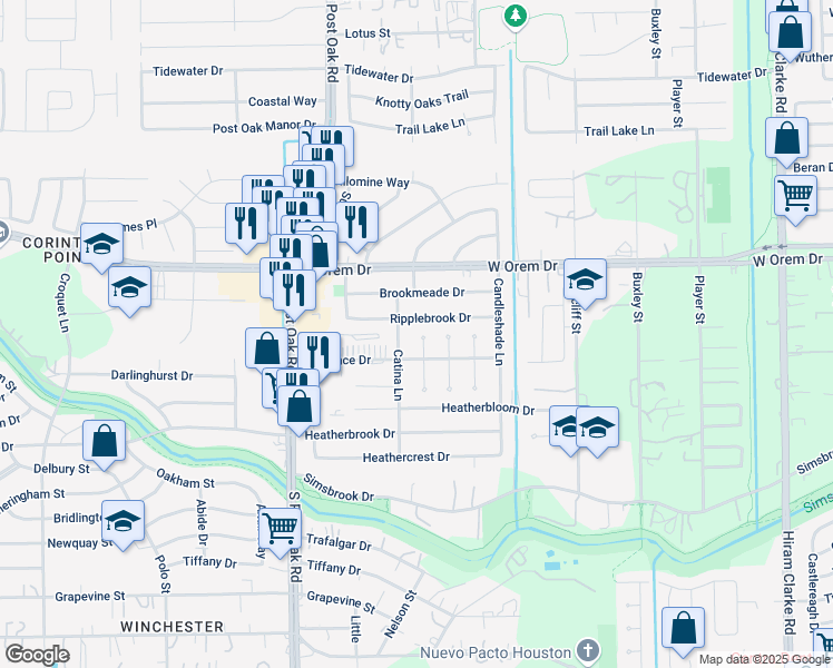 map of restaurants, bars, coffee shops, grocery stores, and more near 13902 Santa Teresa Road in Houston