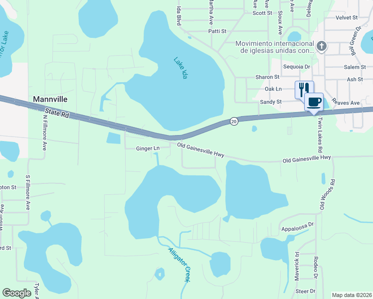 map of restaurants, bars, coffee shops, grocery stores, and more near 104 Twin Lake Grove Drive in Interlachen
