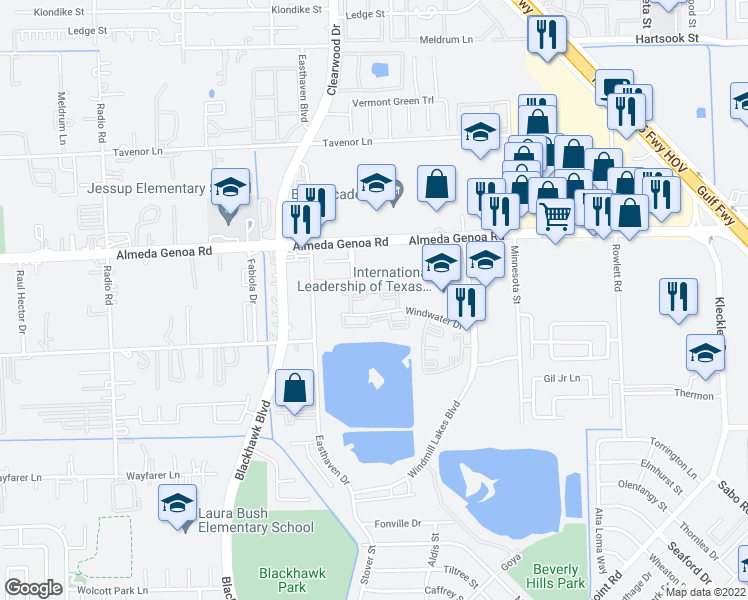 map of restaurants, bars, coffee shops, grocery stores, and more near 2101 Windwater Drive in Houston