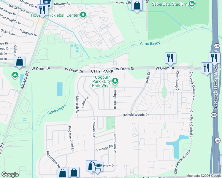 map of restaurants, bars, coffee shops, grocery stores, and more near 11806 Camby Park Drive in Houston