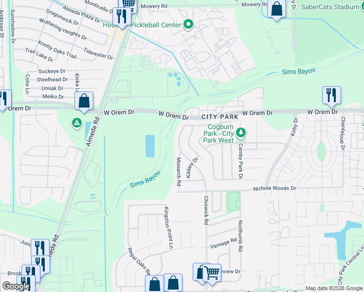 map of restaurants, bars, coffee shops, grocery stores, and more near 11754 Red Hummingbird Drive in Houston