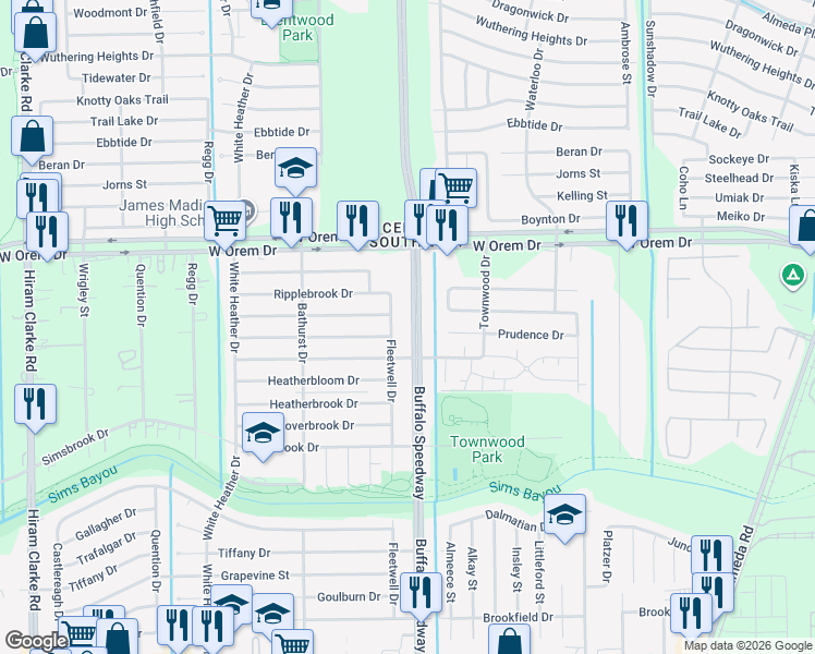map of restaurants, bars, coffee shops, grocery stores, and more near 13935 Fleetwell Drive in Houston
