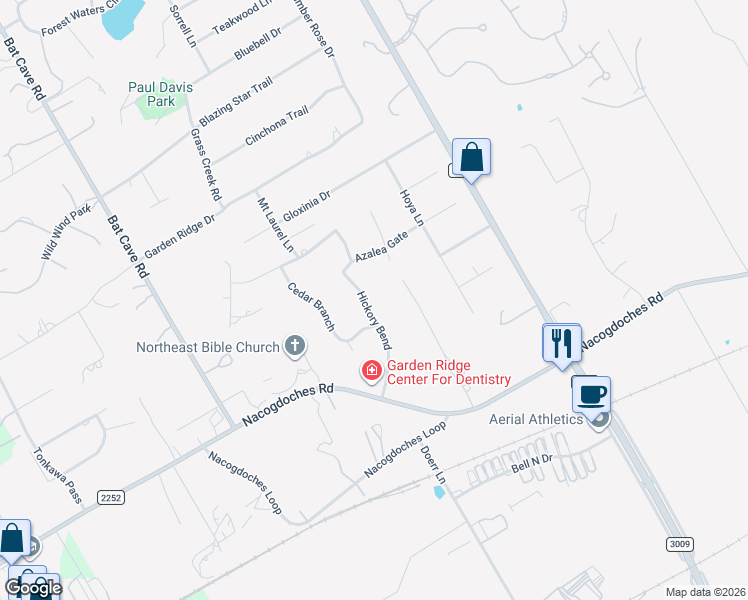 map of restaurants, bars, coffee shops, grocery stores, and more near 21008 Hickory Bend in Garden Ridge