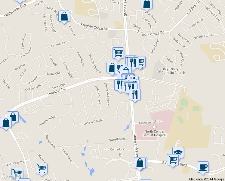 map of restaurants, bars, coffee shops, grocery stores, and more near 906 Grassy Meadows in San Antonio