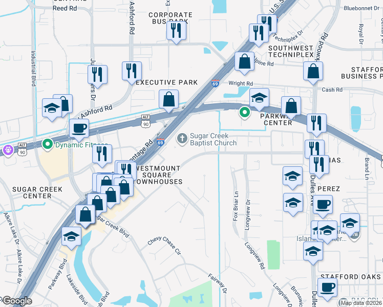 map of restaurants, bars, coffee shops, grocery stores, and more near 3110 Country Club Boulevard in Sugar Land