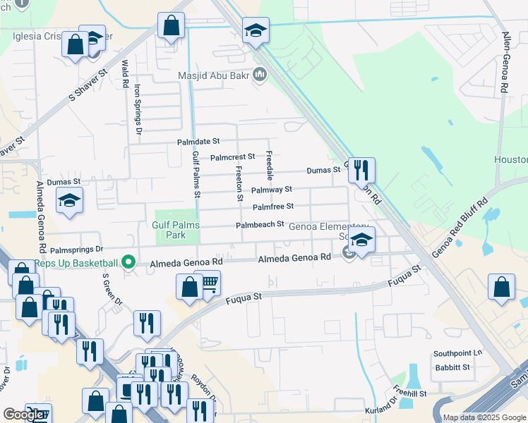 map of restaurants, bars, coffee shops, grocery stores, and more near 12226 Palmfree Street in Houston