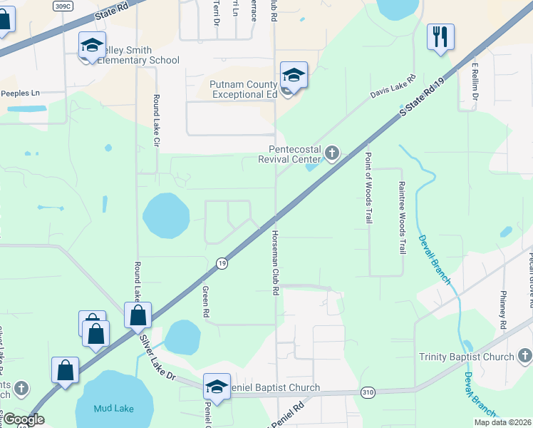 map of restaurants, bars, coffee shops, grocery stores, and more near 1134 Florida 19 in Palatka