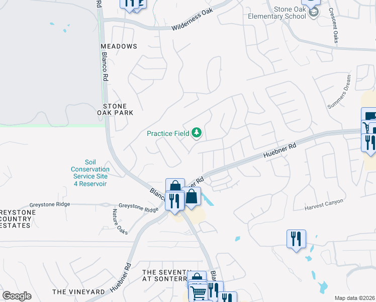 map of restaurants, bars, coffee shops, grocery stores, and more near 19518 Highgrove Lane in San Antonio