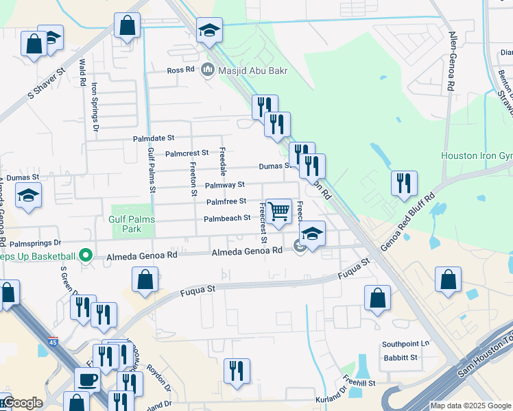 map of restaurants, bars, coffee shops, grocery stores, and more near 12338 Palmfree Street in Houston