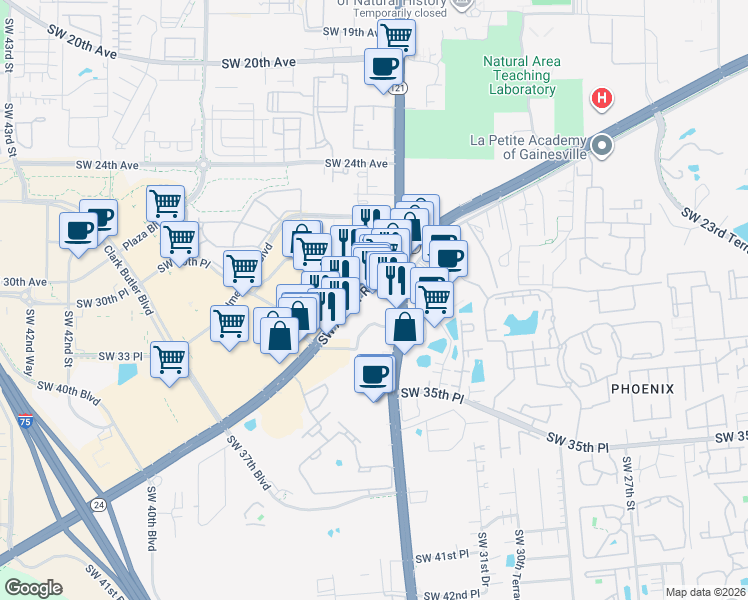 map of restaurants, bars, coffee shops, grocery stores, and more near 3433 Southwest Archer Road in Gainesville