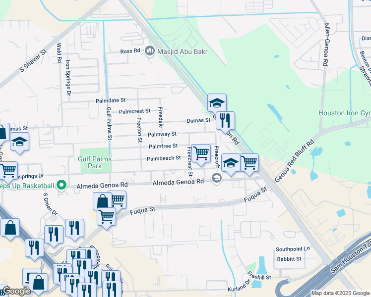 map of restaurants, bars, coffee shops, grocery stores, and more near 12338 Palmfree Street in Houston