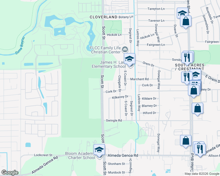 map of restaurants, bars, coffee shops, grocery stores, and more near 12714 Southspring Drive in Houston