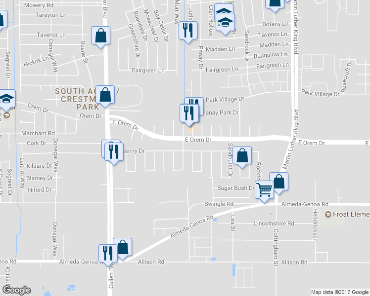 map of restaurants, bars, coffee shops, grocery stores, and more near 5103 Kilkenny Drive in Houston