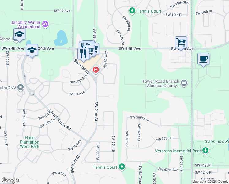 map of restaurants, bars, coffee shops, grocery stores, and more near 8722 Southwest 31st Avenue in Gainesville