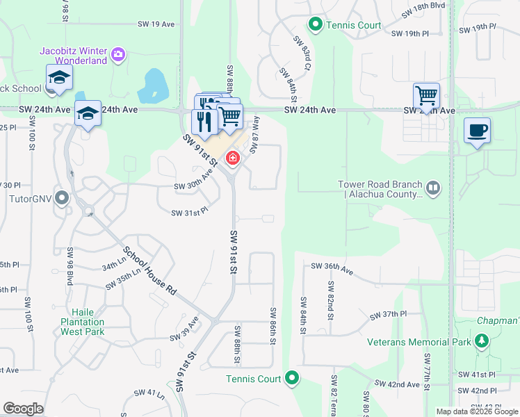 map of restaurants, bars, coffee shops, grocery stores, and more near 8722 Southwest 31 Avenue in Gainesville
