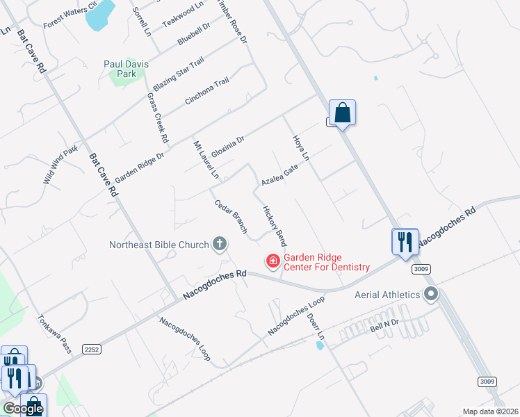 map of restaurants, bars, coffee shops, grocery stores, and more near 21008 Hickory Bend in Garden Ridge