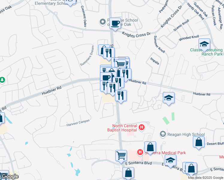map of restaurants, bars, coffee shops, grocery stores, and more near Unnamed Road in San Antonio