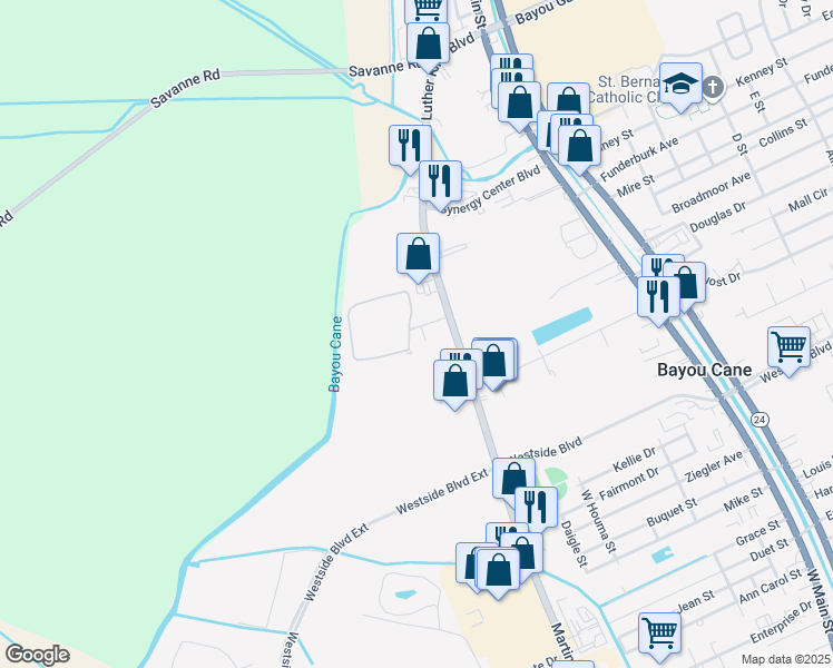 map of restaurants, bars, coffee shops, grocery stores, and more near 1803 Martin Luther King Boulevard in Houma