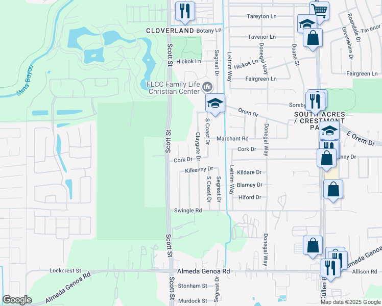 map of restaurants, bars, coffee shops, grocery stores, and more near 12714 Southspring Drive in Houston