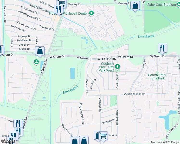 map of restaurants, bars, coffee shops, grocery stores, and more near 11754 Red Hummingbird Drive in Houston