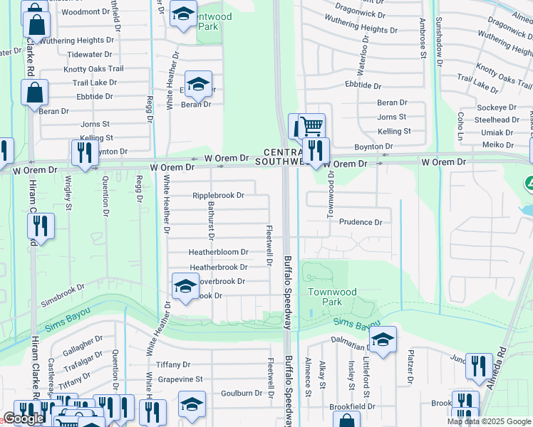 map of restaurants, bars, coffee shops, grocery stores, and more near 13935 Fleetwell Drive in Houston