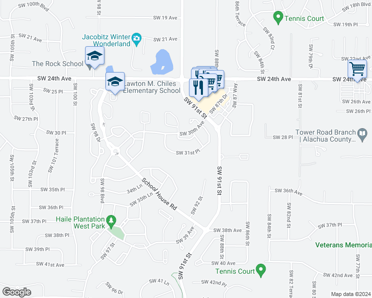 map of restaurants, bars, coffee shops, grocery stores, and more near 9244 Southwest 31 Place in Gainesville
