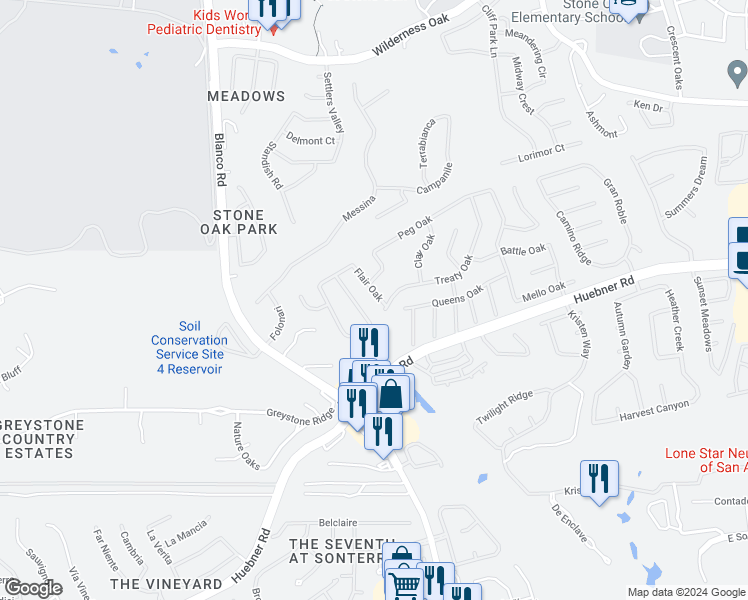 map of restaurants, bars, coffee shops, grocery stores, and more near 19511 Flair Oak in San Antonio