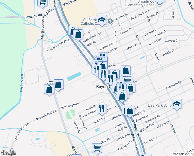 map of restaurants, bars, coffee shops, grocery stores, and more near 6240 West Main Street in Houma