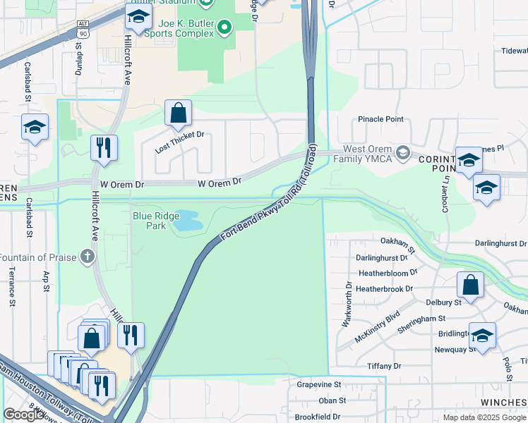 map of restaurants, bars, coffee shops, grocery stores, and more near Fort Bend Parkway Toll Road in Houston
