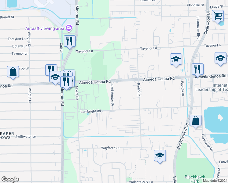 map of restaurants, bars, coffee shops, grocery stores, and more near 9731 Raul Hector Drive in Houston